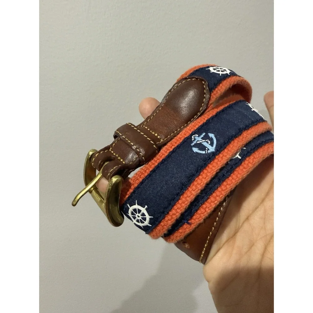 Mens Canvas Leather Belt Anchor‎ Wheel Navy Blue Orange Size 34 36